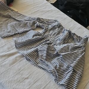 Black and White Bubble Blouse with Smocked Ruffles